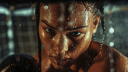 Black female boxer fighter athlete concentrate with a determined look in her eyes practising in the gym with rain of sweat