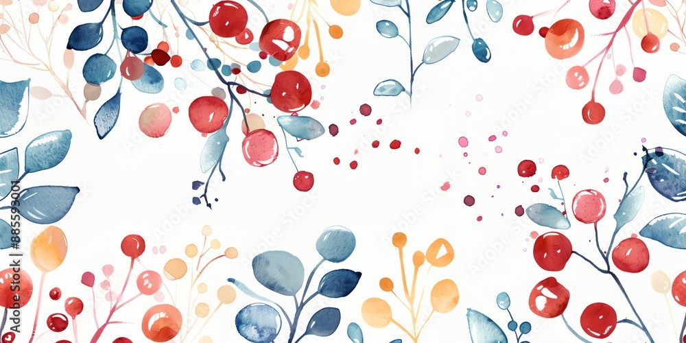 Poster a blue and white floral pattern with red berries. the blue and white colors give the impression of a