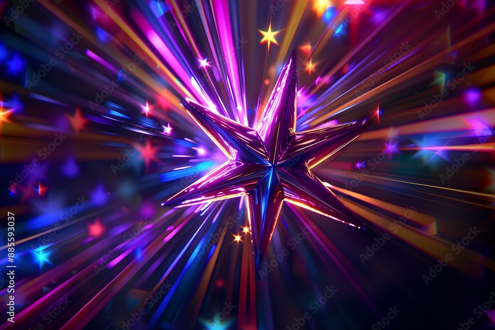 Poster a star is lit up in a colorful, neon light. the star is surrounded by a burst of colorful light, cre
