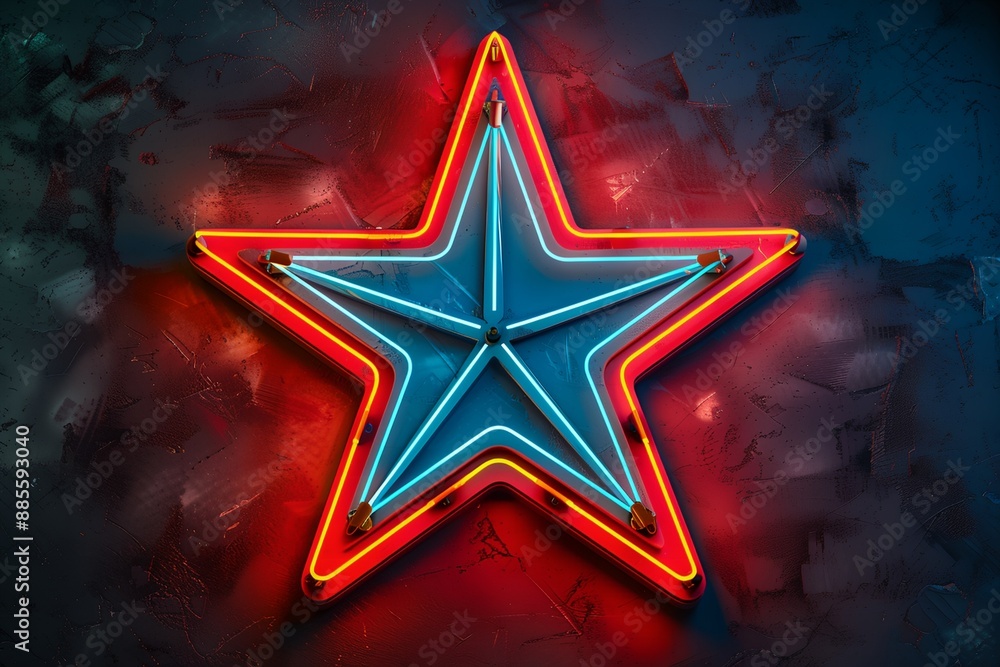 Poster a star is lit up in a colorful, neon light. the star is surrounded by a burst of colorful light, cre