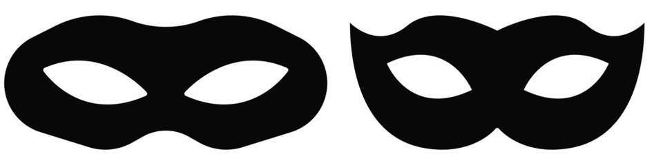 Mask superhero carnival villain or burgar vector icon set. Black masquerade costume eye mask silhouette hidden person face. Simple design incognito party masque shape vector illustration. eps 10