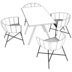 Chairs and Table Set Line Vector Illustration. Different Views of Modern Chair, Ideal for Furniture Design and Interior Concepts