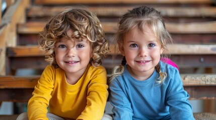 Fototapeta premium Smiling Children on Wooden Stairs, Posing for Photo. Generative AI