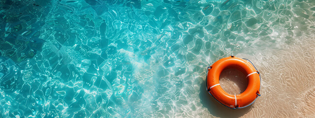 Orange lifebuoy floating on a sunny water surface, ensuring safety during holidays