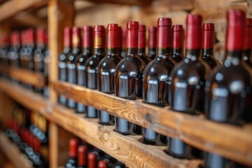A collection of wine bottles with red caps neatly arranged on wooden shelves, showcasing a well-stocked wine cellar with a rustic ambiance and warm lighting.