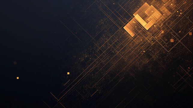 shiny metallic grids and intersecting lines with a metallic sheen, showcasing abstract geometric patterns, illuminated by golden light on a dark background