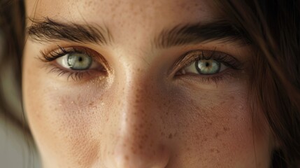 Fototapeta premium A close-up shot of a woman's face, focusing on her freckled eyes