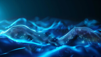 Abstract background with neon blue glowing lines on dark blurred technology geometric shape and wavy line for futuristic
