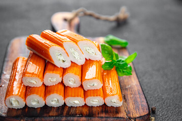 crab stick stuffing cream cheese and herbs natural fresh appetizer meal food snack on the table copy space food background rustic top view