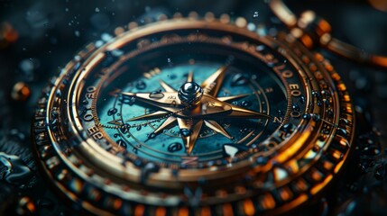 A Gleaming Compass Guarded by Water Droplets. Generative AI