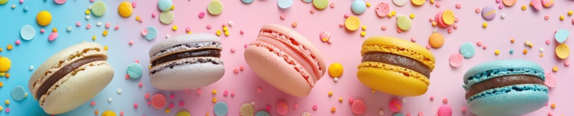 A row of colorful macaroons with a pink background. Free copy space for banner.