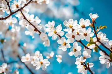 Beautiful floral spring abstract background of nature. Branches of blossoming apricot macro with soft focus on gentle light blue sky background-.