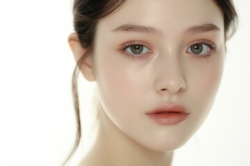 Fototapeta premium close up face portrait of young pretty Asian woman with hazel eyes bright flawless skin, beauty cosmetic or skincare fashion portrait with copy space