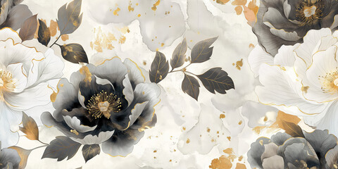 Elegant Floral Background with Abstract Black and White Flowers and Gold Accents