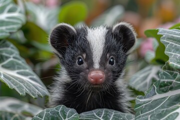 Baby Skunk: A small baby skunk, with its distinctive black and white stripes, exploring a garden.
