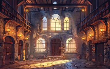 Obraz premium 2D Medieval Cartoon Landscape Scene