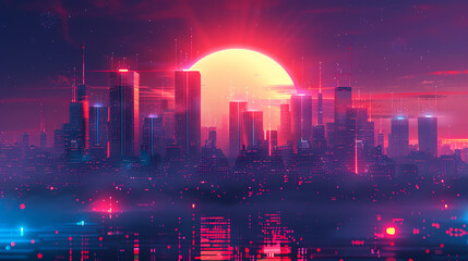 Abstract futuristic cityscape with tech elements, enhancing a product launch event