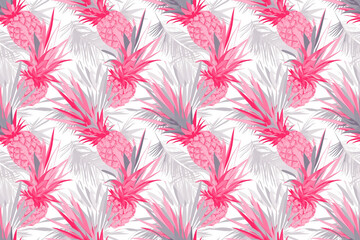 Seamless pattern with pink pineapples and gray leaves. The design is tropical and vibrant, featuring a modern color palette.