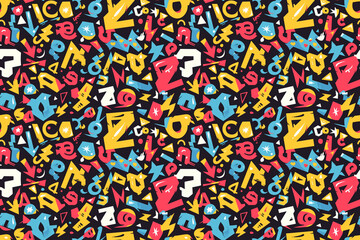 Abstract geometric pattern with colorful shapes on a dark background. The seamless design is playful and modern, featuring various vibrant colors.