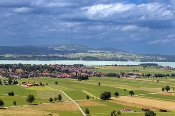 A stunning aerial view of Schwangau, Forggensee, and surrounding plains, Bavaria, Germany