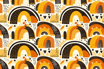 Obraz premium Seamless pattern with abstract rainbow shapes in earthy tones. The design is modern and playful, featuring various geometric forms.
