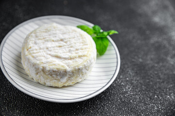 soft cheese cow milk, goat or sheep cheese natural fresh appetizer meal food snack on the table copy space food background rustic top view