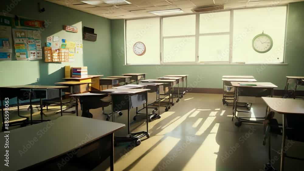 Poster empty elementary school classroom during daylight hours generative ai