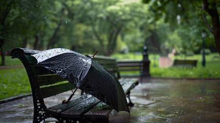 A lively and detailed photograph of a rain-soaked umbrella left on a park bench. This represents a short period of time. 