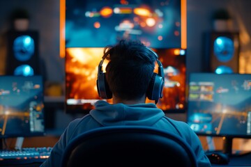 Man playing video games on multiple screens with headphones, experiencing immersive gaming environment in a dimly lit room.