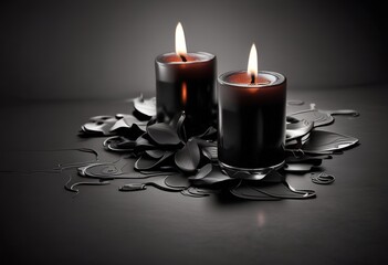 3d dark burning candles on black background for obituary notice, funeral announcement, necrology