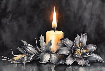watercolor drawing of a black lilies and a white burning candle on a black background for obituary notice, funeral announcement, necrology
