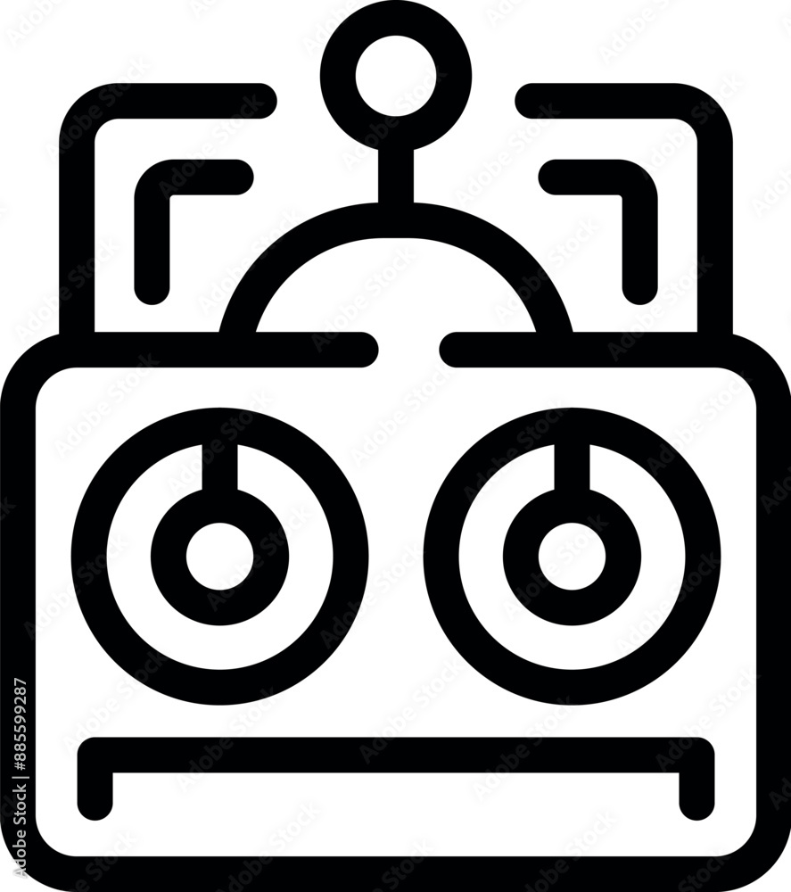 Poster robot operating a control panel with buttons and levers, futuristic technology concept