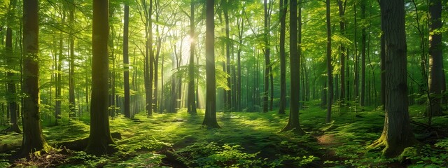 Obraz premium Beautiful green forest with tall trees and sunlight in spring or summer, panorama banner