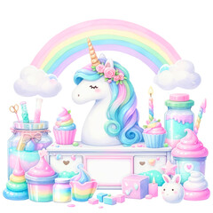 Adorable unicorn-themed birthday illustrations featuring rainbows, cakes, gifts, and flowers, perfect for children's party decorations and invitations.

