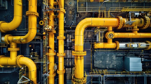 Yellow gas pipeline and valves. Modern oil and gas industrial technology. Industry infrastructure network, top view