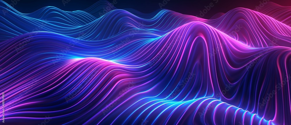 Poster a captivating display of undulating waves in vibrant purple and blue hues on a dark background, inte