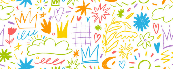 Colorful kids crayon doodles seamless pattern with crowns, stars, flowers. Hand drawn chalk drawn sketch and scribbles. Rough crayon strokes, squiggles and shapes. Childish style colorful background