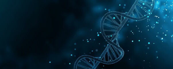 An abstract image showcasing a blue, glowing double helix structure against a dark, blurred digital background, symbolizing biology, genetics, and biotechnology.
