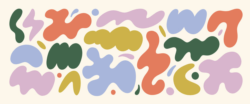 Set of colored amoeba organic irregular shapes. Creative liquid blob elements, various cartoon organic shapes.