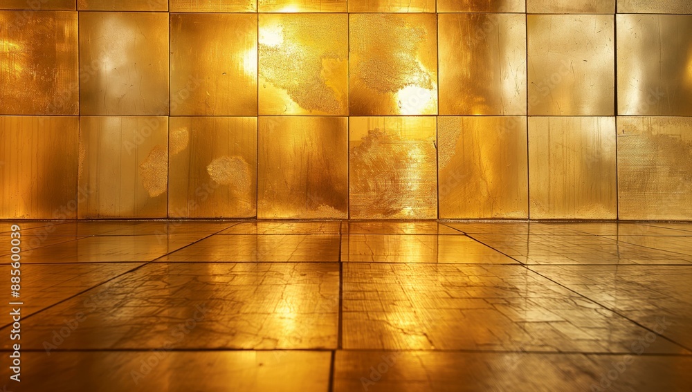 Poster a wall made of square tiles each with a pattern in golden hue.