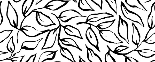 Abstract outlined leaves and branches seamless pattern. Hand drawn black brush painted plants. Botanical seamless background. Organic nature symbol texture print. Doodle leaves wallpaper.