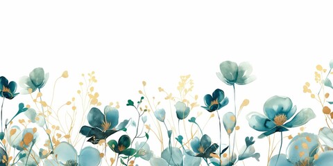A beautiful watercolor illustration featuring abstract teal and gold flowers on a white background.