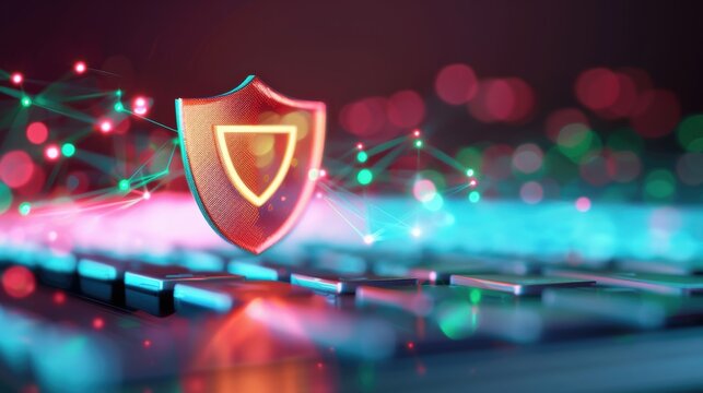 A network of interconnected computers with a shield icon protecting them from cyberattacks, emphasizing the importance of cybersecurity infrastructure.