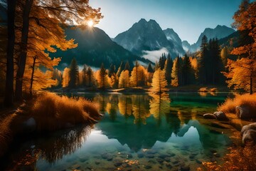 Naklejka premium Beautiful autumn scene of Hintersee lake. Colorful morning view of Bavarian Alps.