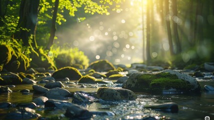 Serene River Flowing Through Sunlit Forest Grove at Sunrise