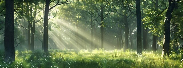 Beautiful green forest with tall trees and sunlight in spring or summer, panorama banner