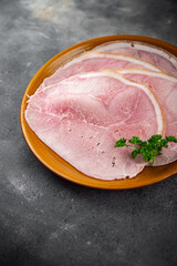 ham slice pork meat natural food fresh appetizer meal food snack on the table copy space food background rustic top view