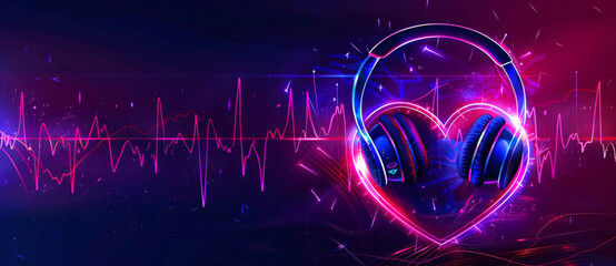 Heart with headphones and sound wave, banner design for Valentines Day party or music festival