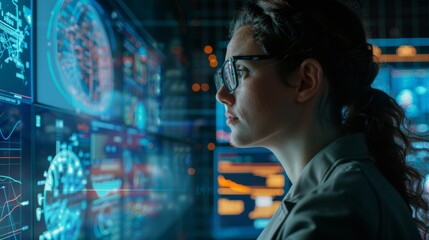Obraz premium Futuristic Technology: Woman Interacting with Augmented Reality Interface in Motion