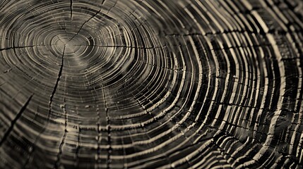 Fototapeta premium A monochromatic, detailed texture of tree rings with visible wood grain patterns and concentric circles, suitable for background or wallpaper design. The composition is symmetrical